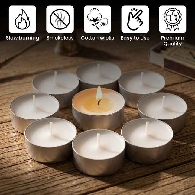 Pack of 50/100 Unscented White Tea Light Candles - 4 Hour Burn Time