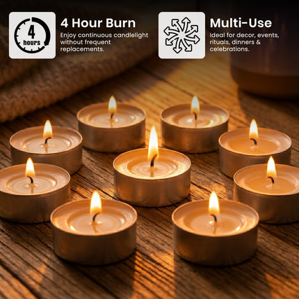 Pack of 50/100 Unscented White Tea Light Candles - 4 Hour Burn Time