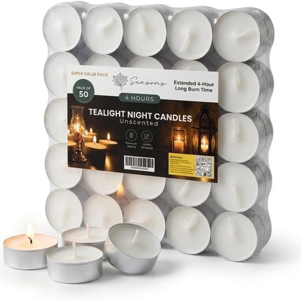 Pack of 50/100 Unscented White Tea Light Candles - 4 Hour Burn Time