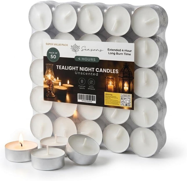 Pack of 50/100 Unscented White Tea Light Candles - 4 Hour Burn Time