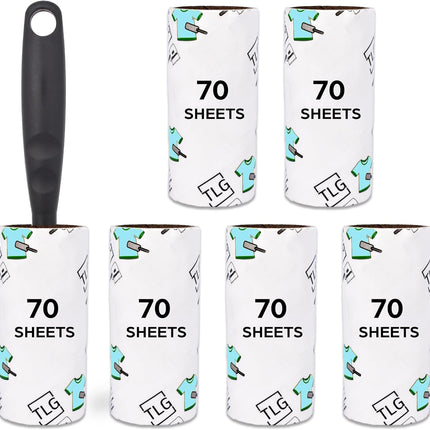 TLG Lint Roller, 6 Refills 420 Extra Sticky Sheets with Handle - Sticky Roller for Clothes - Lint Roller Refills, for Pet Hair, Cat Hair, Dust & Fluff from Furniture, Carpet, Lint Removers for Clothes