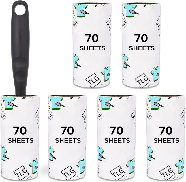 TLG Lint Roller, 6 Refills 420 Extra Sticky Sheets with Handle - Sticky Roller for Clothes - Lint Roller Refills, for Pet Hair, Cat Hair, Dust & Fluff from Furniture, Carpet, Lint Removers for Clothes