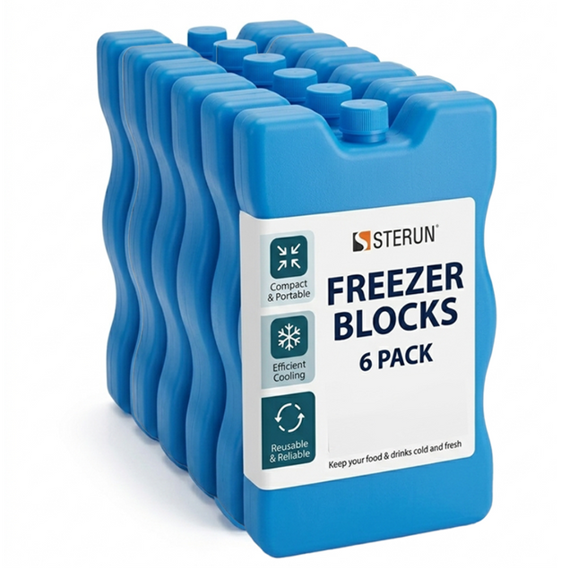 Blue freezer block packaging with Sterun branding on a white background