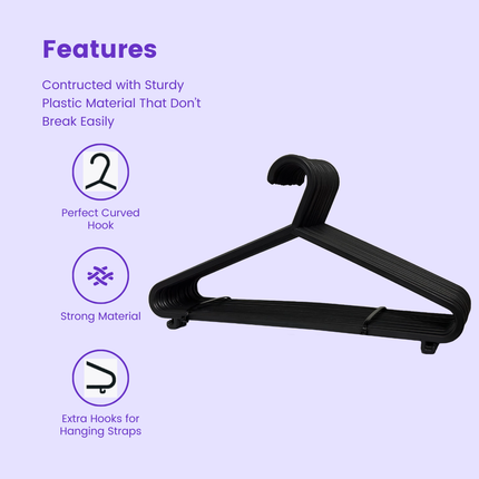 Adult Black Plastic Clothes Hangers - Non-Slip & Space Saving 25/50 Pack
